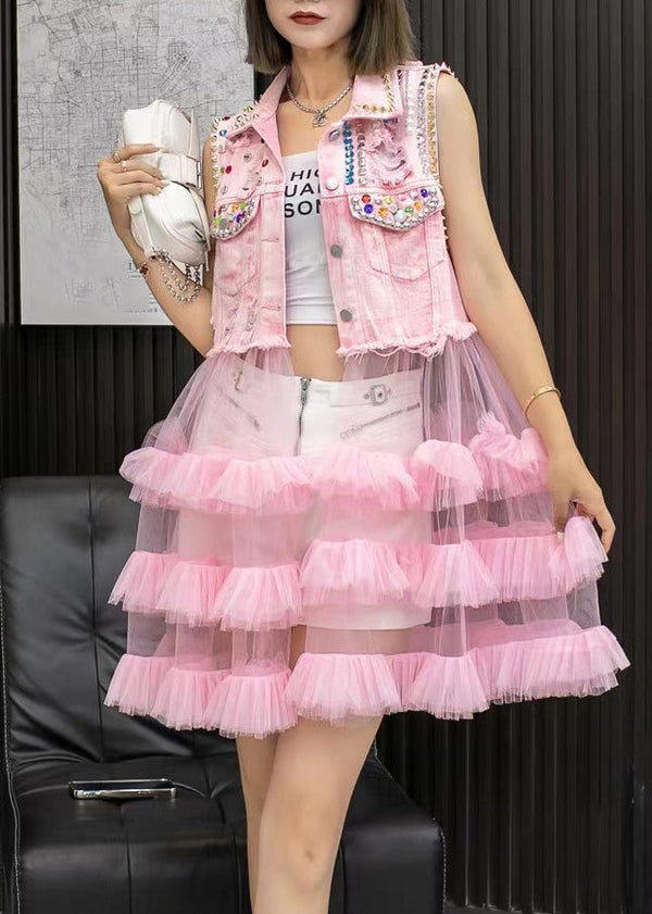 Chic Pink Denim Waistcoat Patchwork Tulle Mid Dresses Sleeveless