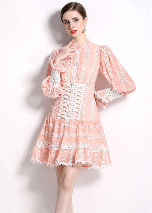 Chic Pink Hollow Out Embroidered Patchwork Chiffon Mid Dress Puff Sleeve