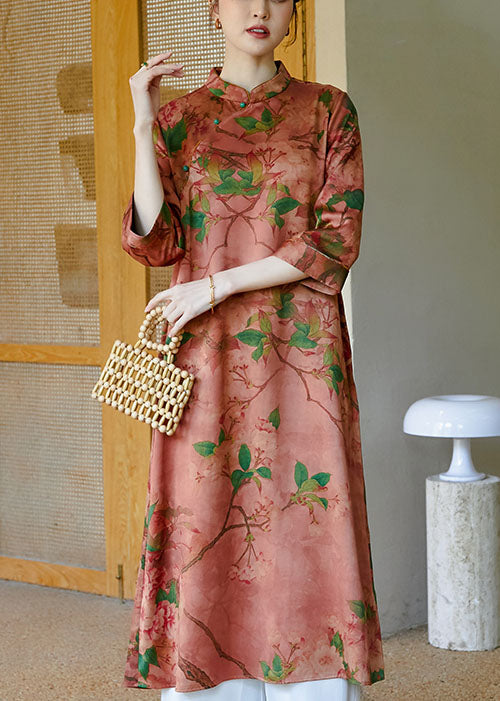 Chic Pink Mandarin Collar Button Print Silk Cheongsam Dress Bracelet Sleeve