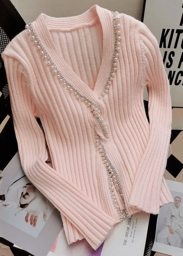 Chic Pink V Neck Nail Bead Silm Fit Knit Sweaters Winter