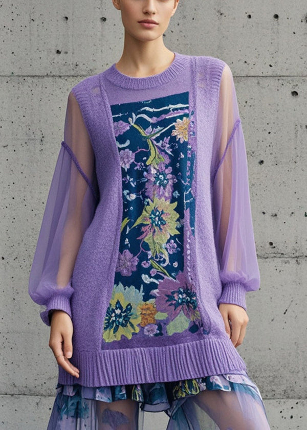 Chic Purple Print Patchwork Tulle Long Sweaters Fall