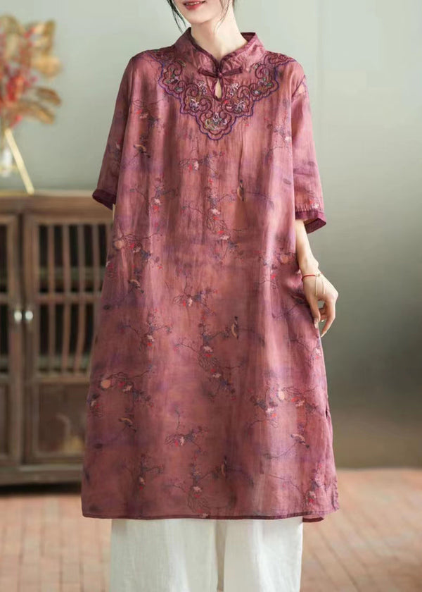 Chic Purple Stand Collar Embroidered Button Linen Long Dress Half Sleeve