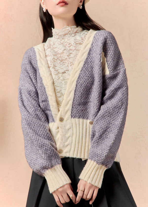 Chic Purple V Neck Button Patchwork Knit Cardigan Winter