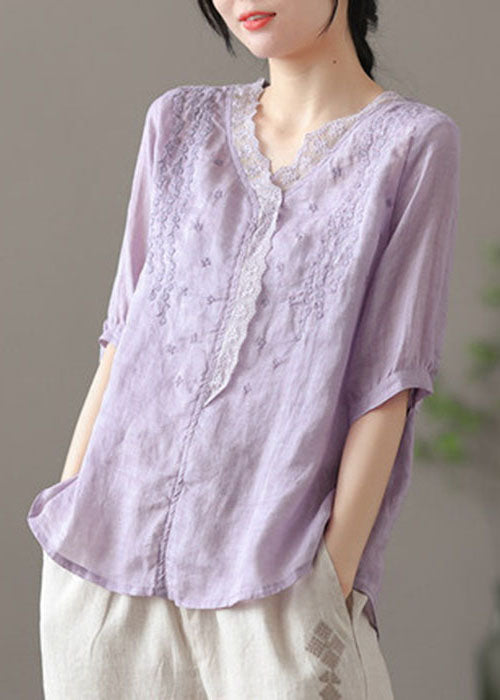 Chic Purple V Neck Embroidered Linen Blouse Tops Half Sleeve