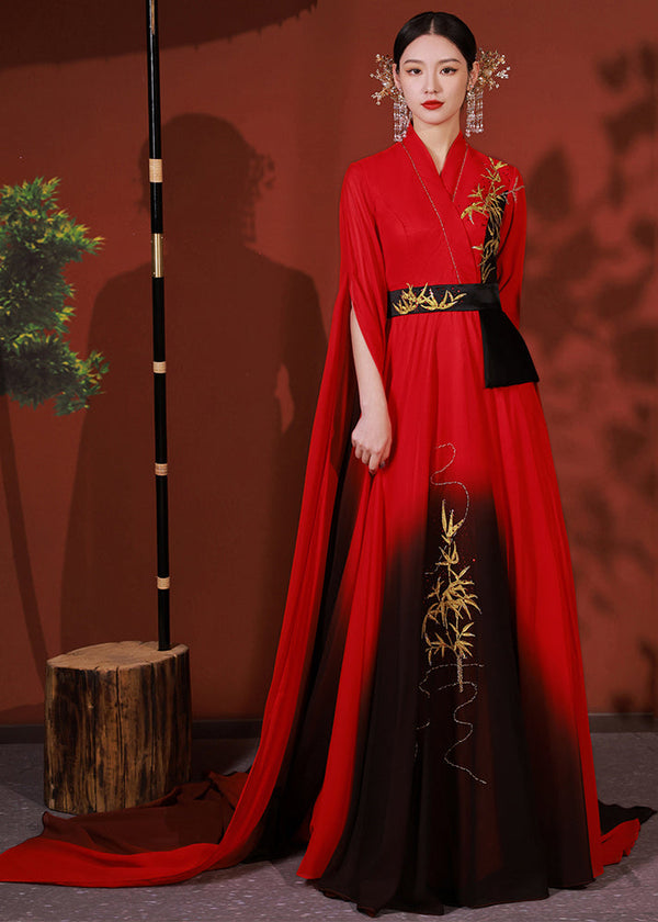 Chic Red Asymmetrical Embroidered Patchwork Chiffon Long Dress Fall