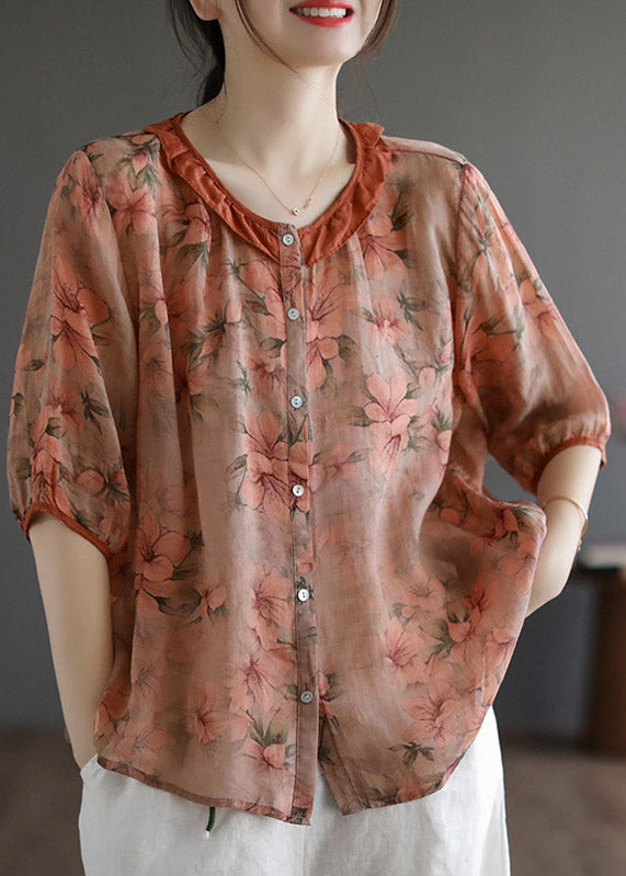 Chic Red Ruffled Print Linen Shirt Half Sleeve