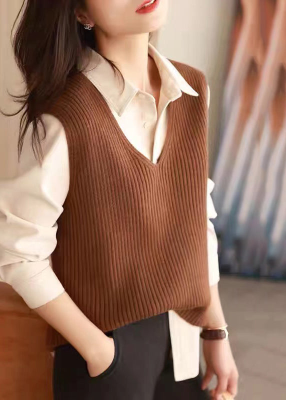 Chic Versatile Caramel V Neck Woolen Vest Tops Sleeveless