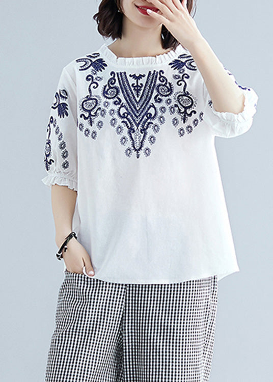 Chic White Embroidered Cotton T Shirt Summer