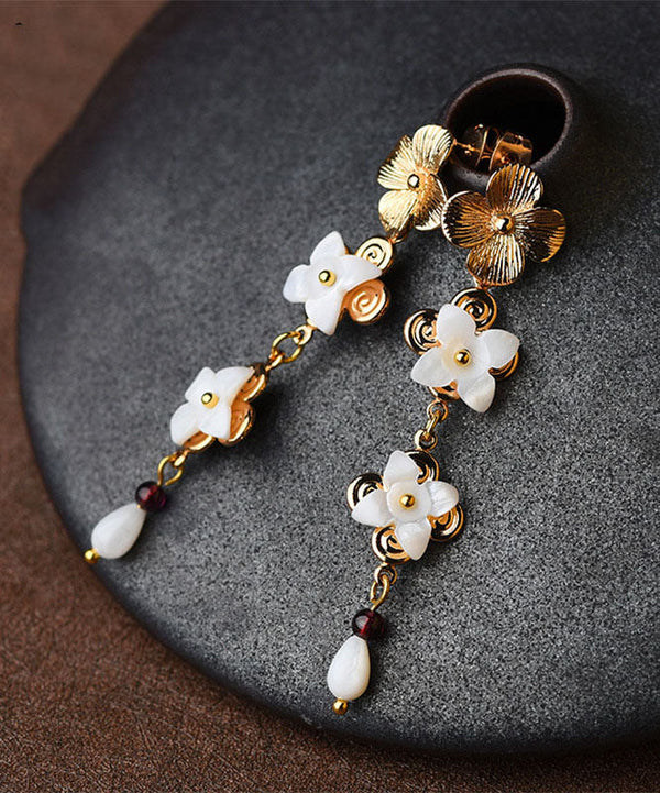 Chic White Shell Flower 14K Gold Drop Earrings