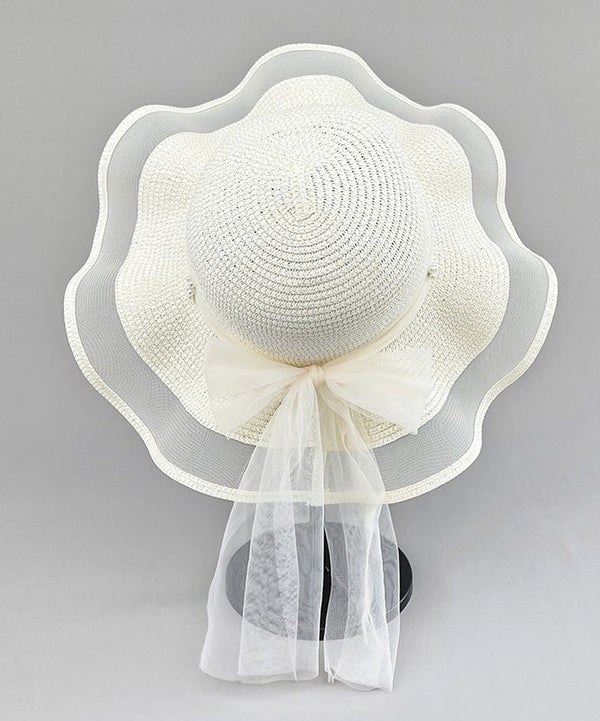 Chic White Tulle Patchwork Bow Straw Woven Floppy Sun Hat