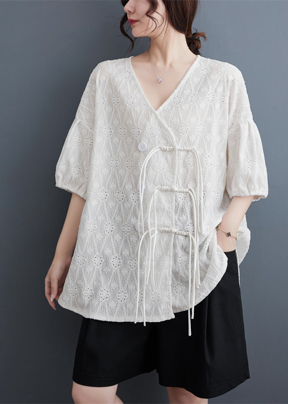 Chic White V Neck Print Tassel Solid Lace Shirt Summer