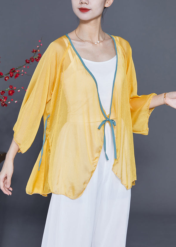 Chic Yellow Lace Up Hollow Out Chiffon Blouses Bracelet Sleeve