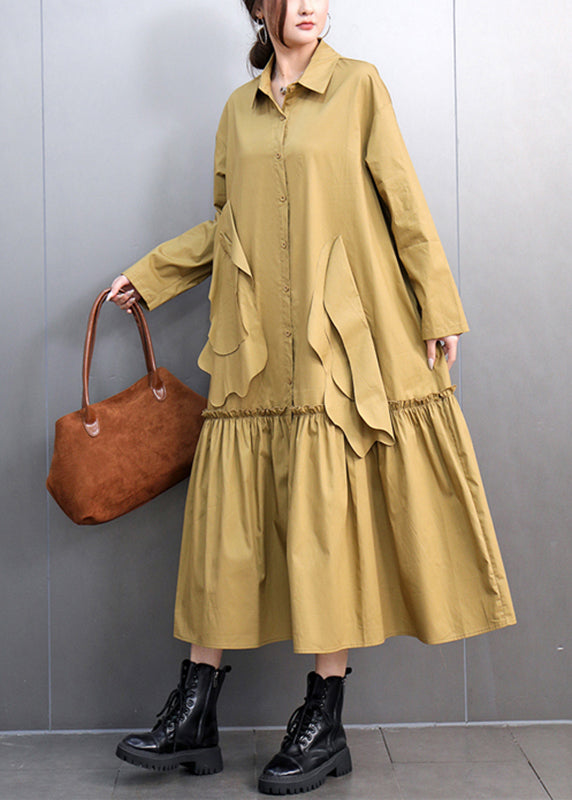 Chic Yellow Peter Pan Collar Pockets Long Shirts Dresses Spring