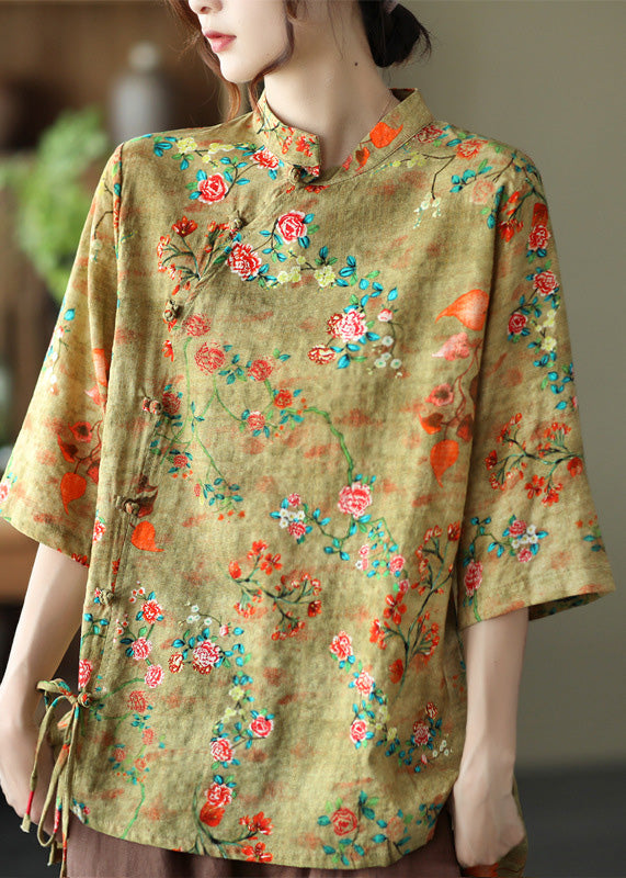 Chic Yellow Print Tie Waist Shirts Half Sleeve