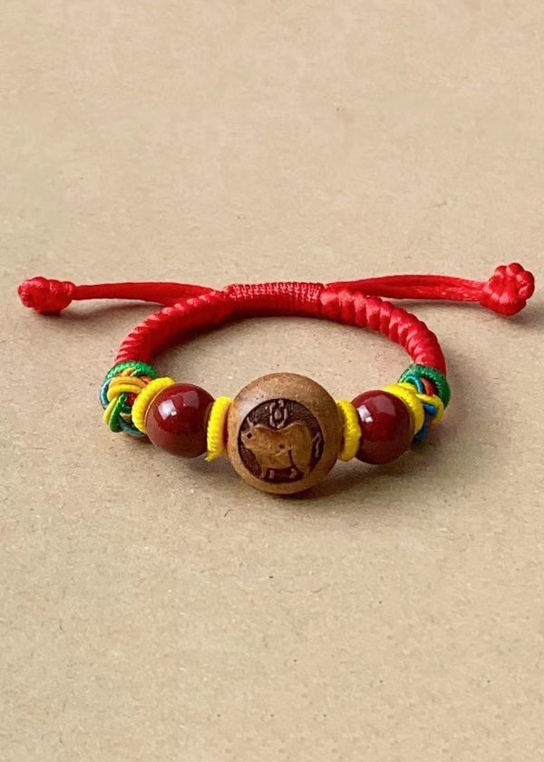 Children Cinnabar Peach Wood Zodiac Hand Woven Bracelet