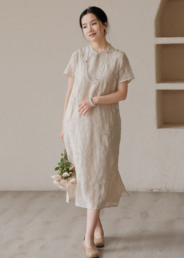 Chinese Style Apricot Embroidered Patchwork Linen Dress Summer