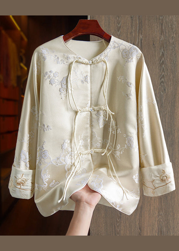 Chinese Style Apricot Tasseled Button Embroidered Silk Coats Fall