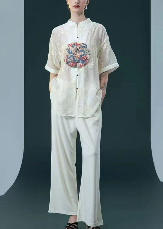 Chinese Style Beige Embroidered Button Silk Two-Piece Set Summer