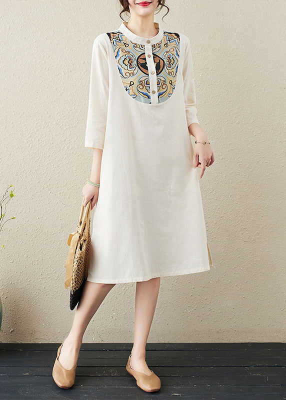 Chinese Style Beige Stand Collar Print Patchwork Linen Mid Dresses Summer