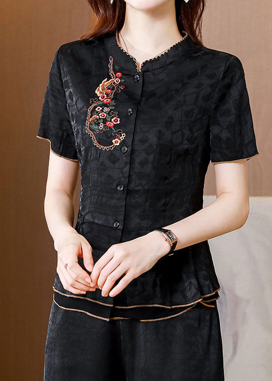 Chinese Style Black Embroidered Patchwork Silk Shirts Summer