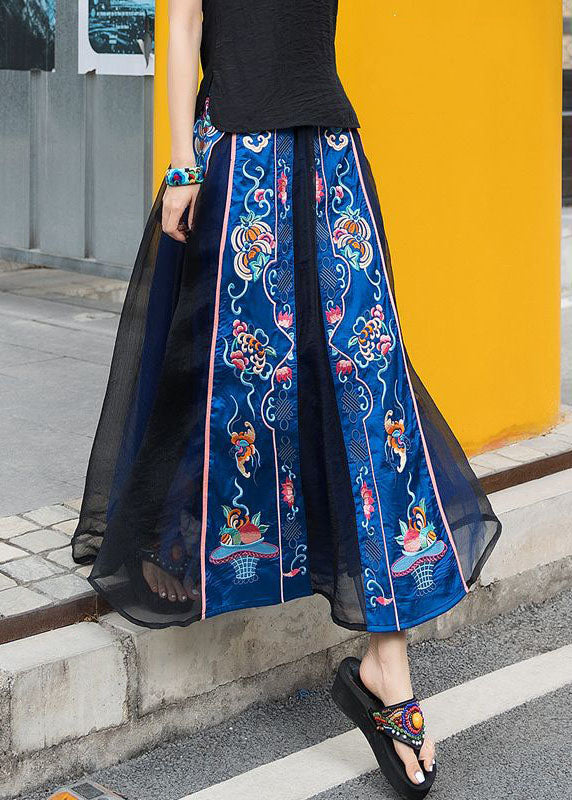 Chinese Style Black Patchwork Embroidered Chiffon Skirts Spring