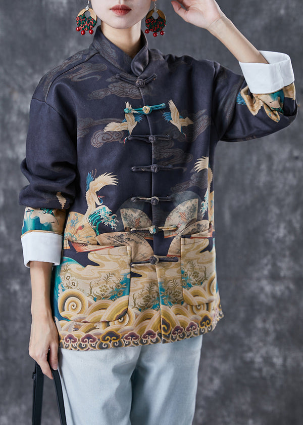 Chinese Style Black Print Pockets Cotton Shirts Spring