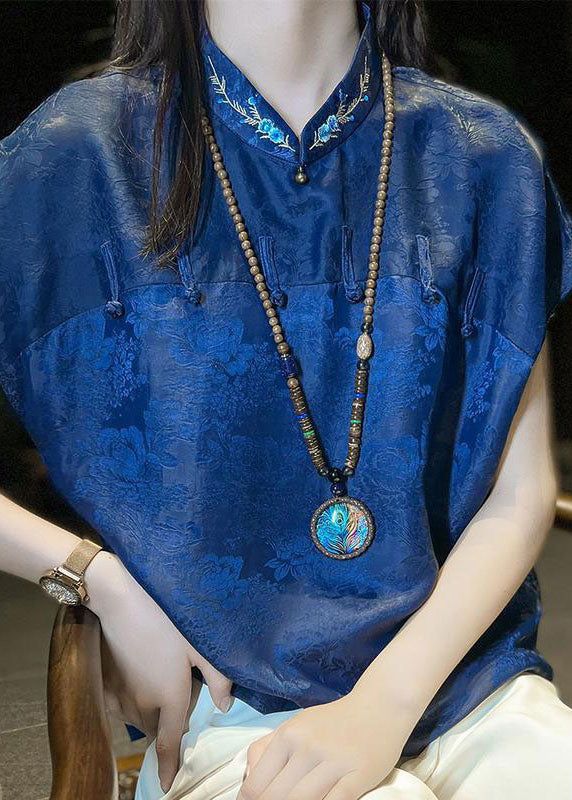 Chinese Style Blue Embroidered Patchwork Jacquard Silk Shirt Summer