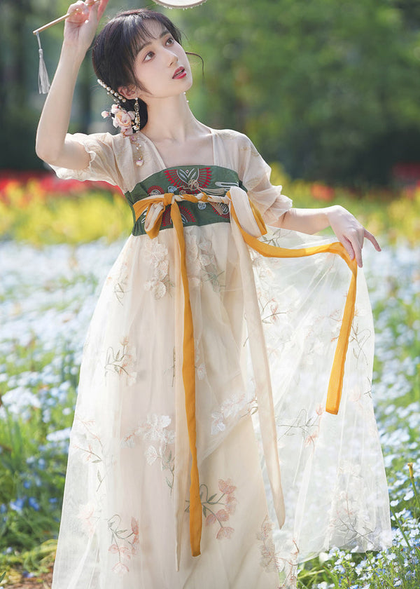 Chinese Style Embroidered Lace Up Patchwork Chiffon Long Dresses Summer