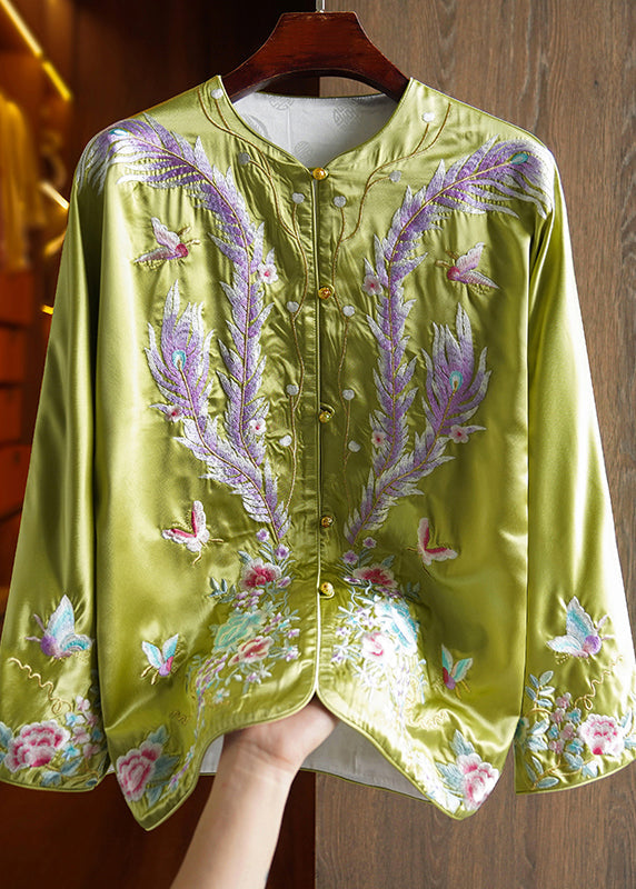 Chinese Style Green Embroidered Patchwork Silk Coat Fall