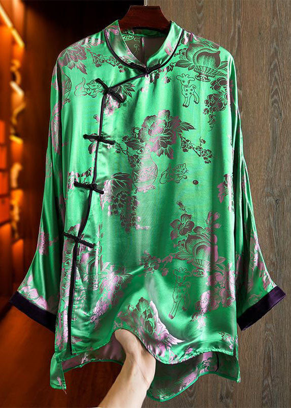 Chinese Style Green Low High Design Jacquard Silk Shirt Tops Fall