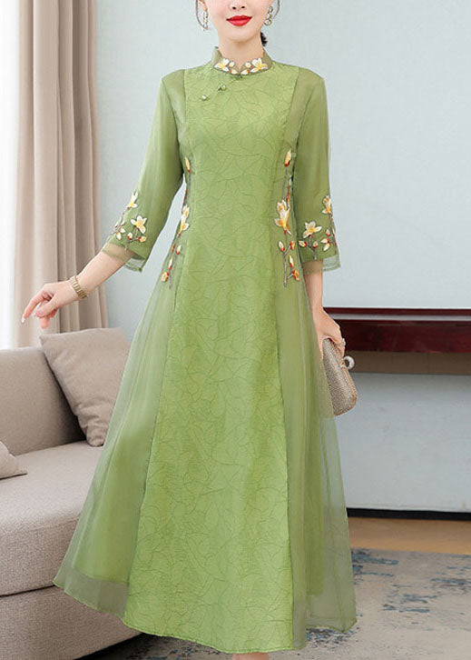 Chinese Style Green Ruffled Embroidered Patchwork Chiffon Dresses Bracelet Sleeve