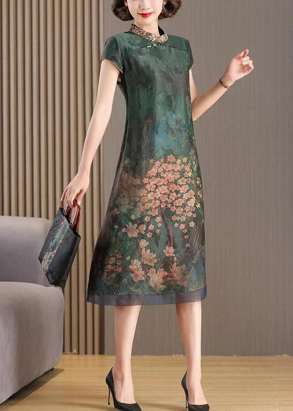 Chinese Style Green Stand Collar Embroidered Patchwork Silk Dresses Summer