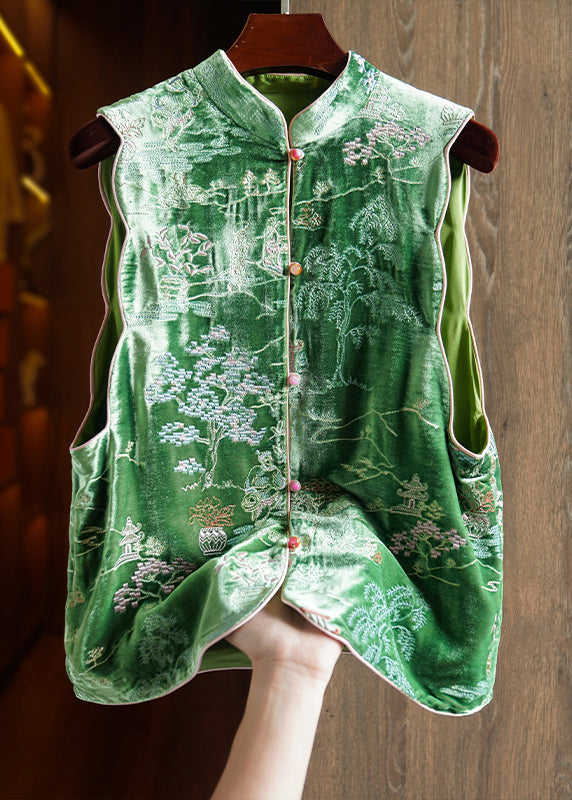 Chinese Style Green Stand Collar Embroidered Silk Velour Vest Tops Sleeveless