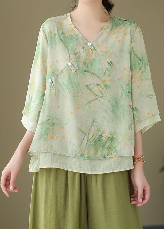 Chinese Style Green V Neck Print Patchwork Linen Shirt Tops Summer