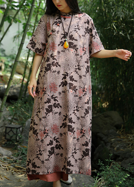 Chinese Style Khaki Stand Collar Print Button Cotton Long Dress Short Sleeve