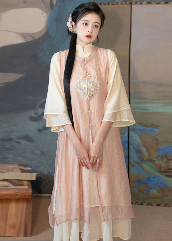 Chinese Style Pink Embroidered Side Open Patchwork Chiffon Two Piece Set Summer