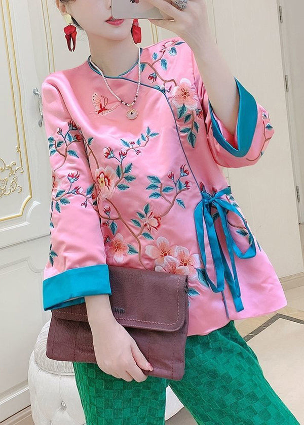 Chinese Style Pink Embroidered Tie Waist Silk Shirt Tops Spring