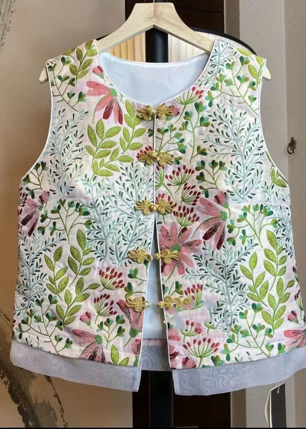 Chinese Style Pink O Neck Embroidered Patchwork Silk Vest Sleeveless