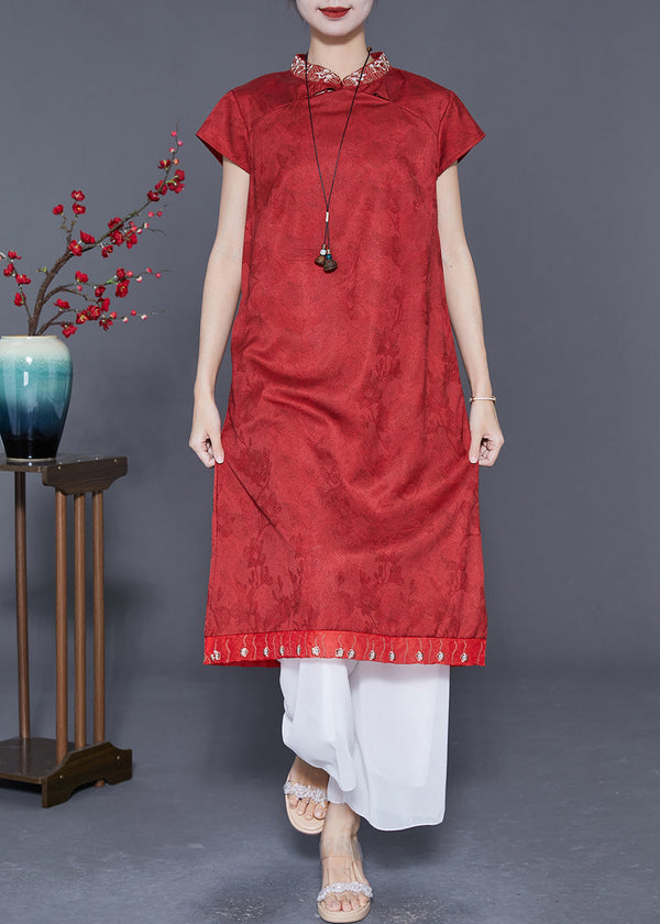 Chinese Style Red Embroidered Patchwork Silk Long Dress Summer