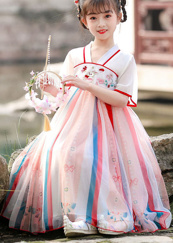 Chinese Style Red Embroidered Wrinkled Patchwork Chiffon Kids Girls Dresses Summer