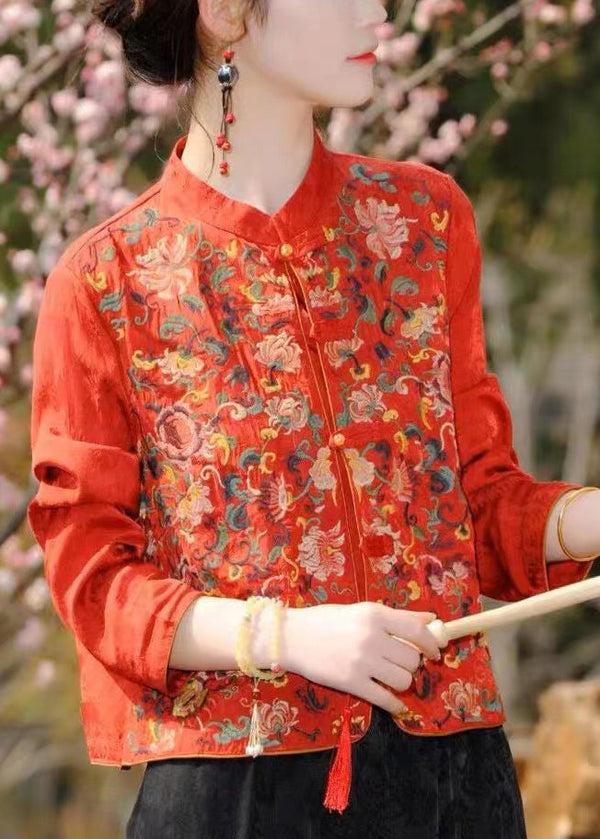 Chinese Style Red Stand Collar Embroidered Patchwork Silk Coat Fall