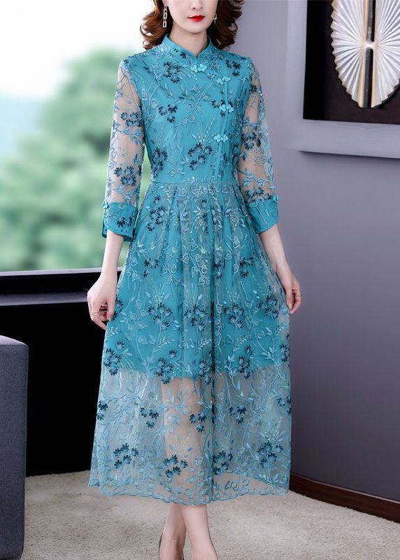 Chinese Style Sky Blue Embroidered Hollow Out Tulle Dress Summer