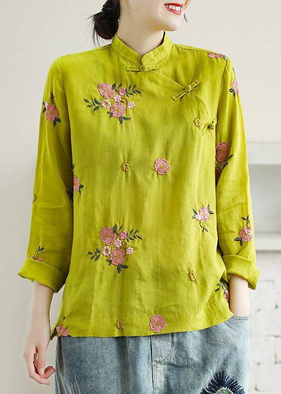 Chinese Style Yellow Embroidered Patchwork Linen Shirt Tops Spring