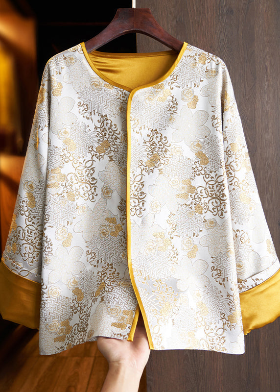 Chinese Style Yellow Jacquard Patchwork Loose Silk Coats Fall