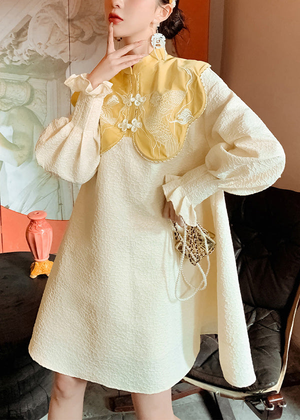 Chinese Style Yellow Stand Collar Embroidered Button Mid Dress Long Sleeve