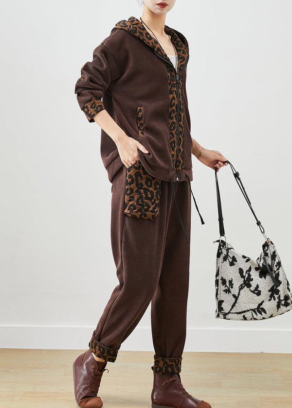 Chocolate Patchwork Leopard Warm Fleece Corduroy Two Piece Set Outfits Winter