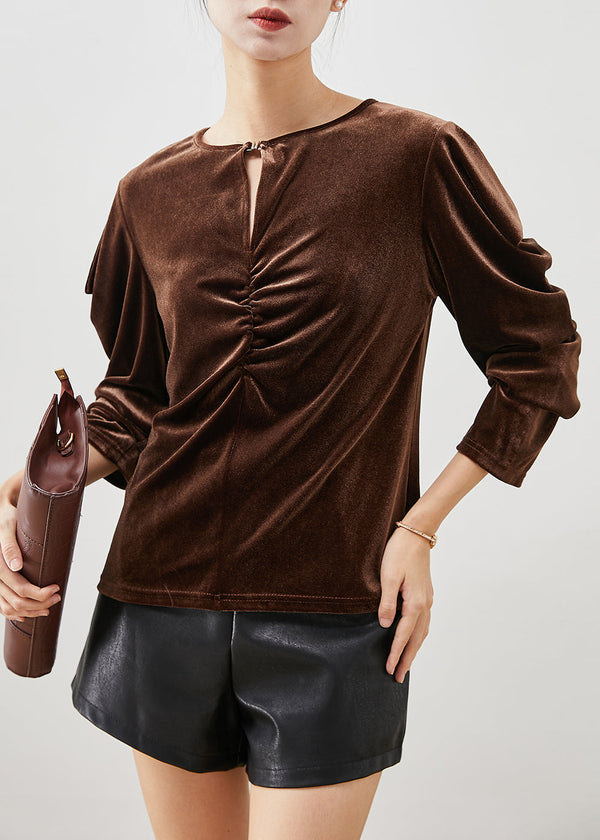 Chocolate Silk Velour Blouses Wrinkled Puff Sleeve