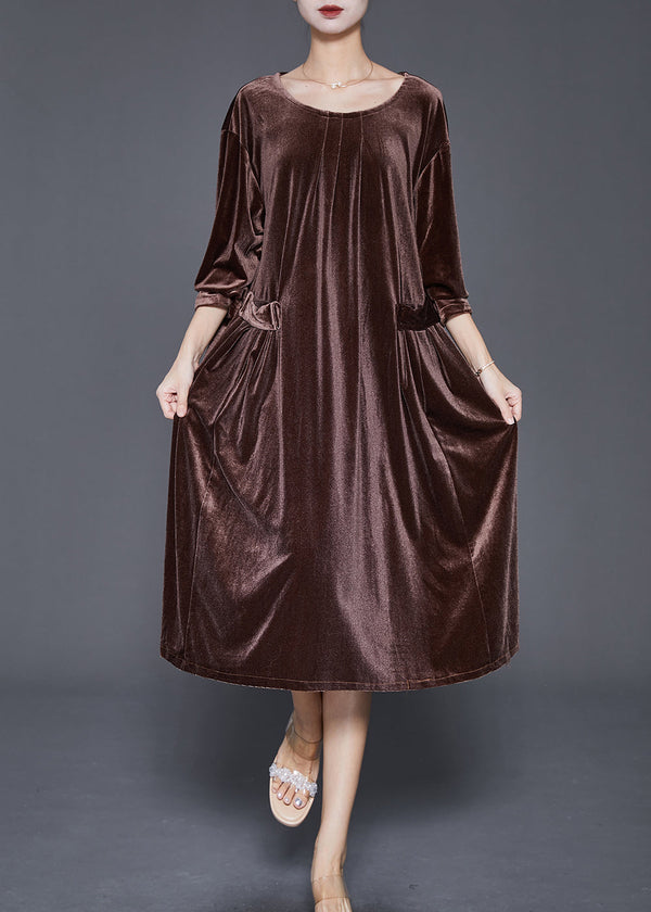 Chocolate Silk Velour Mid Dresses Oversized Pockets Fall