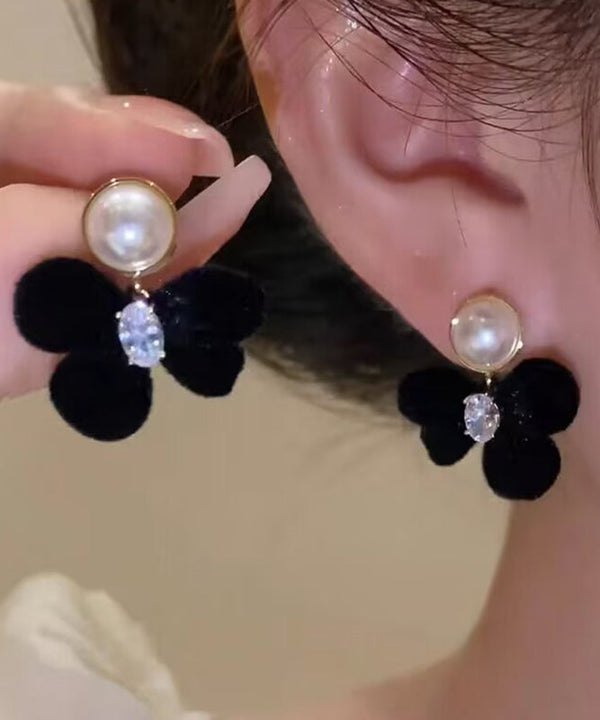 Classy Black Alloy Inlaid Crystal Pearl Bow Pile Coating Stud Earrings