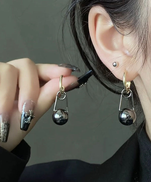 Classy Black Alloy Pearl Round Drop Earrings